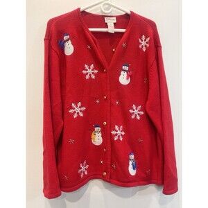Vintage Crystal Kobe Knitted Christmas Sweater Cardigan Snowman Snowflakes Large